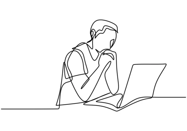 机の後ろのノートパソコンで作業している男の一本の線画 若い男性は コンピュータ画面の前に座って考えて焦点を当てます 一本描きイラスト — ストックベクタ