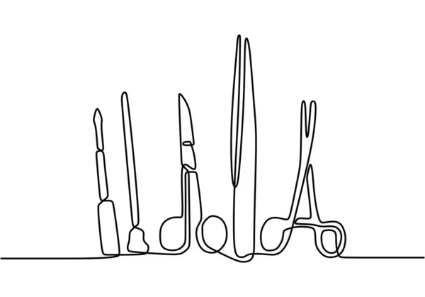 Kontinuierliche Linienzeichnung Medizinischer Chirurgischer Werkzeuge Skalpellschnitt Medizinische Pinzette Chirurgische Schere — Stockvektor