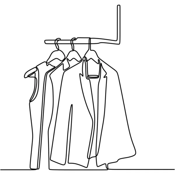 One line drawing of blouse, suits, shirt, and t-shirt hanging on rack for  sale in store. Minimalistic style of fashionable business clothes.  Continuous vector background with clothes and hangers. - Stock Image 