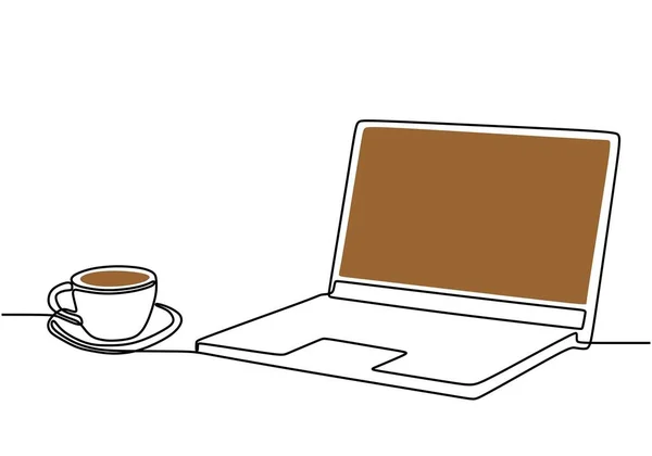 连续画一行笔记本电脑和一杯咖啡或茶在商务写字台的简约设计矢量 工作空间表的概念 简朴的单手素描线条艺术 — 图库矢量图片