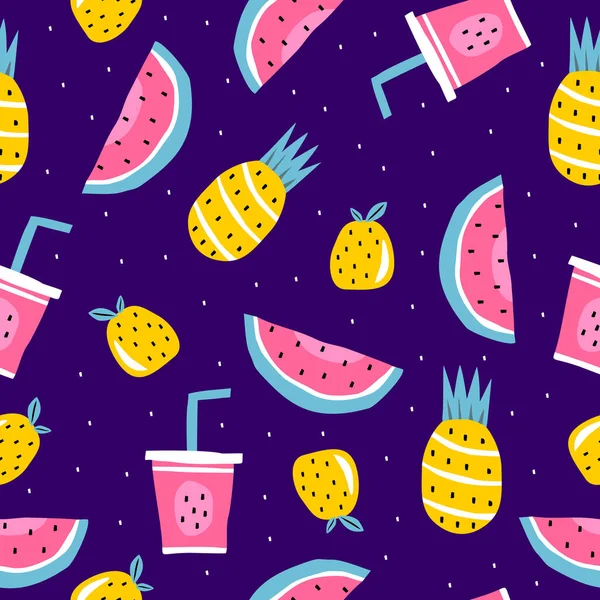 Sommer Nahtloses Muster Vektorillustration Mit Wassermelone Ananas Orangenfrüchten Und Saft — Stockvektor