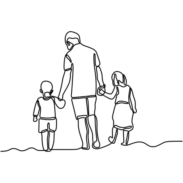 Eine Linienzeichnung Von Vater Und Seinen Beiden Kindern Beim Händchenhalten — Stockvektor