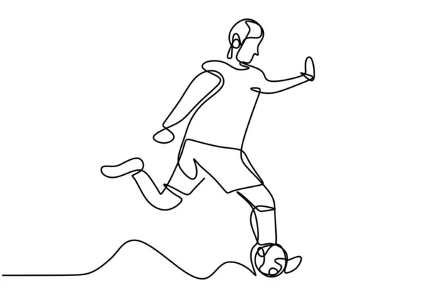 Непрерывный Рисунок Линии Иллюстрация Показывает Футболист Бьет Мячу Счастливый Футболист — стоковый вектор