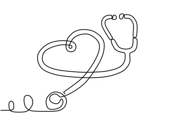 药物听诊器单行绘图 世界医疗保健日医学科学研究医生护理设备轮廓设计一个草图在线绘图白色矢量图 — 图库矢量图片