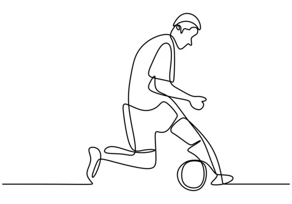 Devamlı Çizgi Çizimi Çizimler Bir Futbolcunun Topa Vurduğunu Gösteriyor Şortlu — Stok Vektör