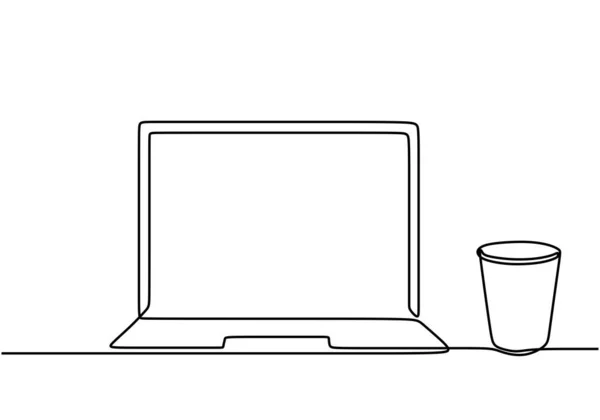 Dessin Continu Une Ligne Ordinateur Portable Tasse Papier Café Bureau — Image vectorielle