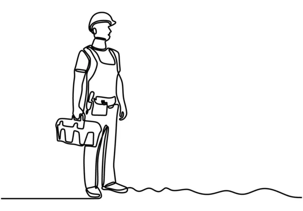 Single Continuous Line Drawing Young Handyman Wearing Building Construction Uniform Stock Illustration