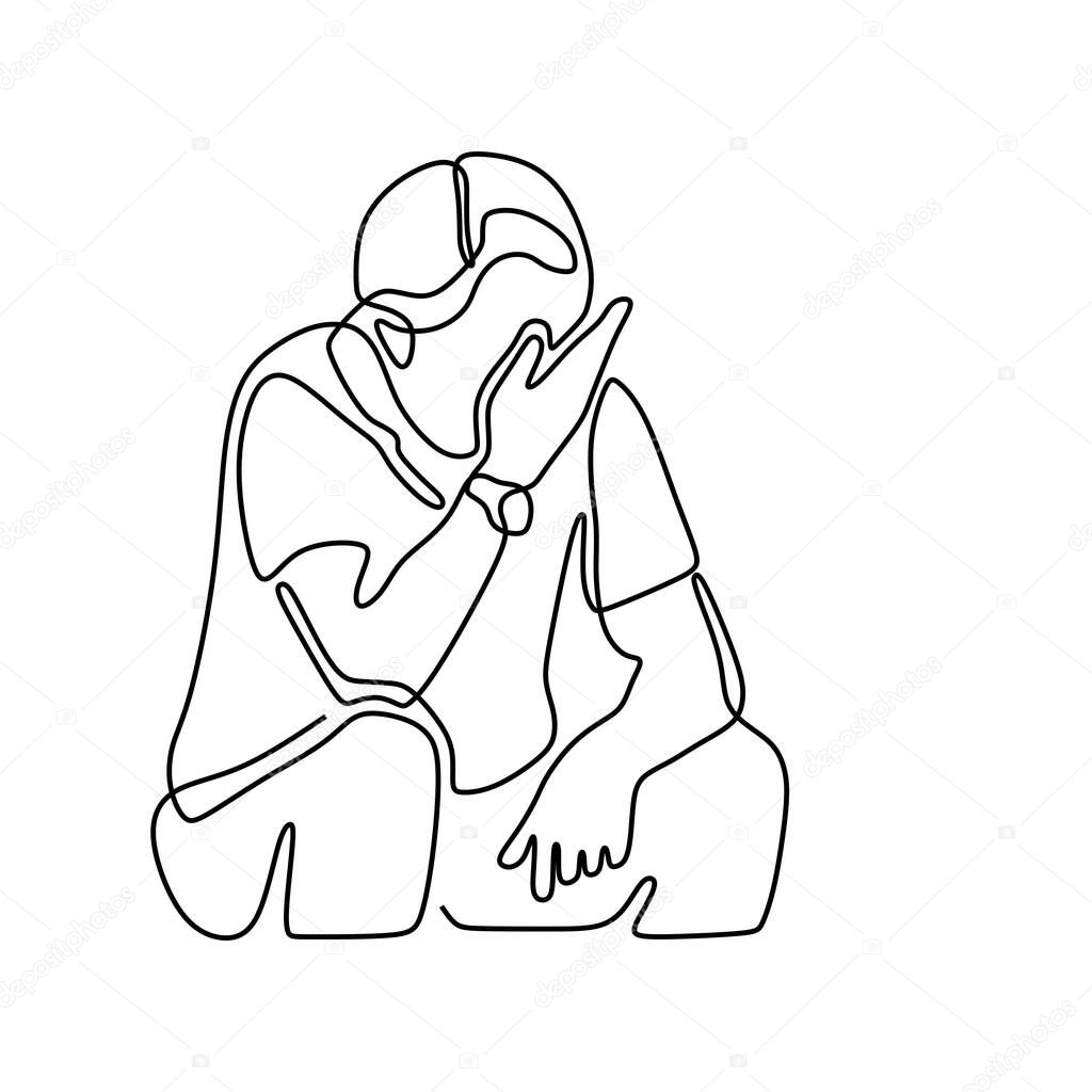 Continuous line drawing of exhausted sad young man covering his face by hands. Male suffering from depression. Man in despair sitting on bench. Frustration and depression person concept.