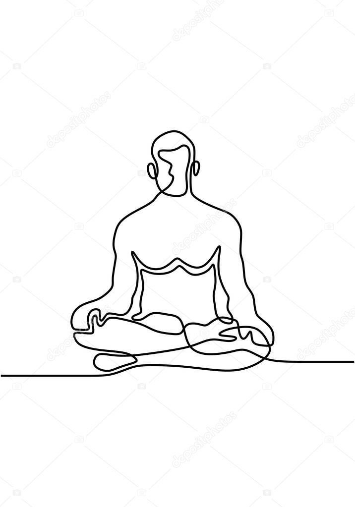 Continuous line art or one line drawing of man doing exercise in yoga pose. Sitting with cross leg. Yoga lotus pose. Young male practice yoga for meditation. Illustration of person on meditation.