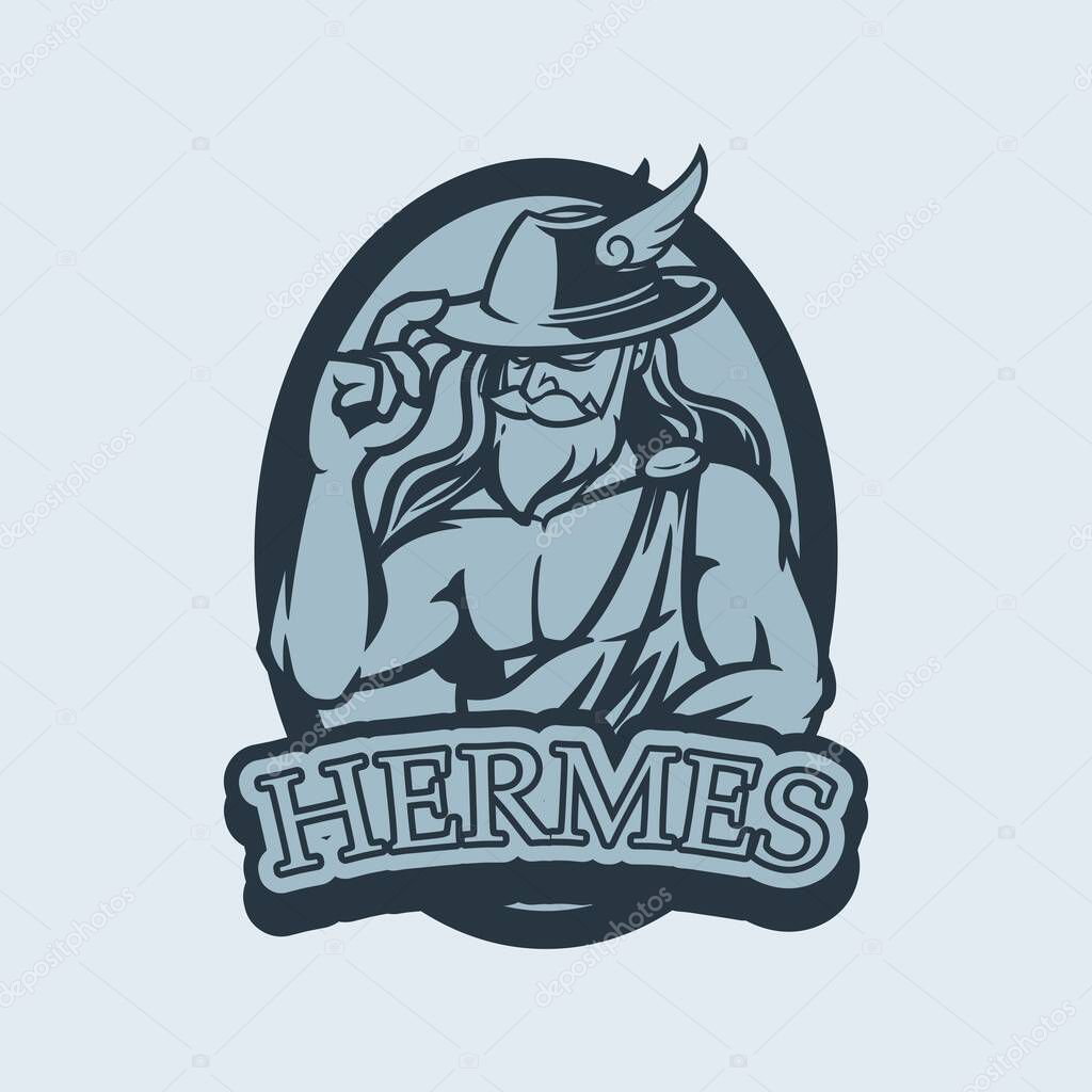 Greek gods vector illustration isolated on classical background. Ancient Greek god Hermes with a hat in his head. T-Shirt Design & Printing, clothes, bags, posters etc.
