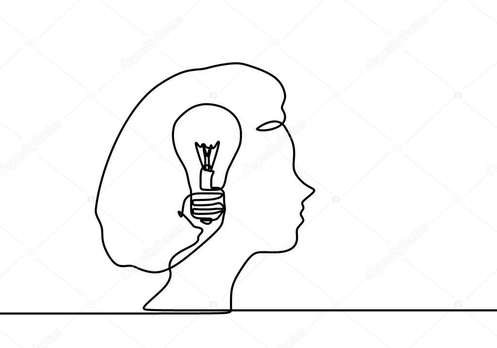 Continuous one line drawing light bulb symbol idea. Thinking ideas inside the person's head. Concept of idea emergence. Vector illustration isolated design on white background.
