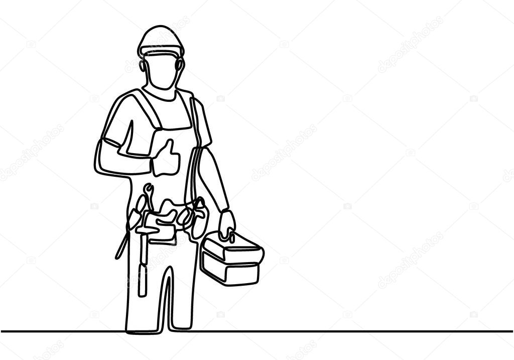 Single continuous line drawing of young handyman wearing helmet uniform while holding box tools and gives thumbs up. Home maintenance service excellent concept. Hand draw design vector illustration