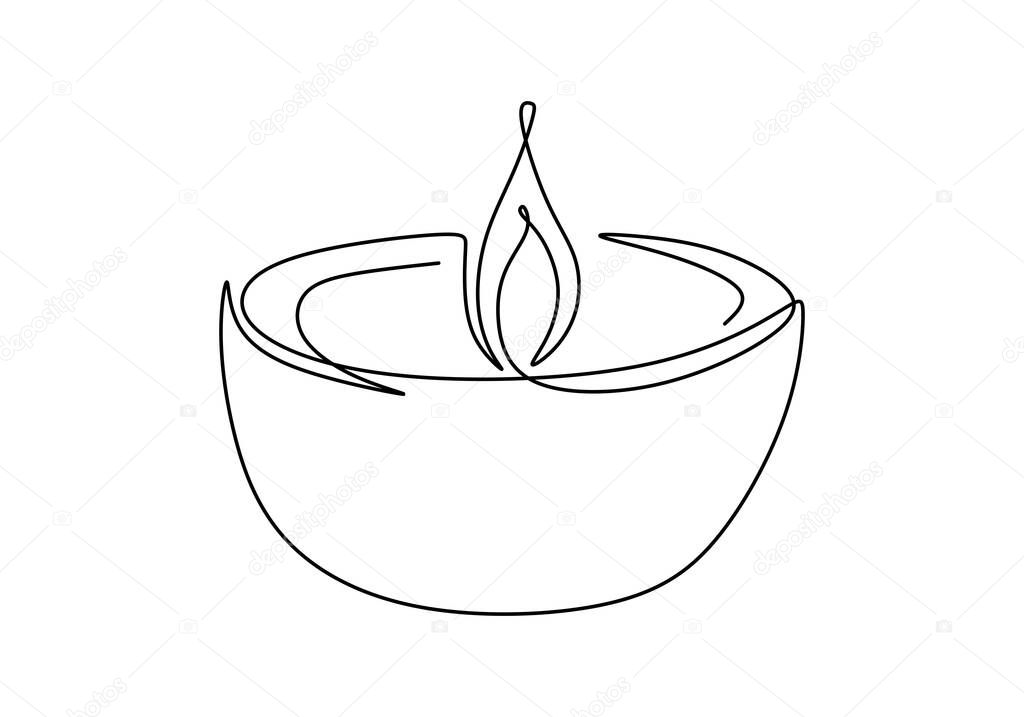 Beautiful minimal continuous line candle. Candle burning and melting on chandelier. Happy Diwali. Indian festival of lights Diwali. Vector illustration isolated on white background.