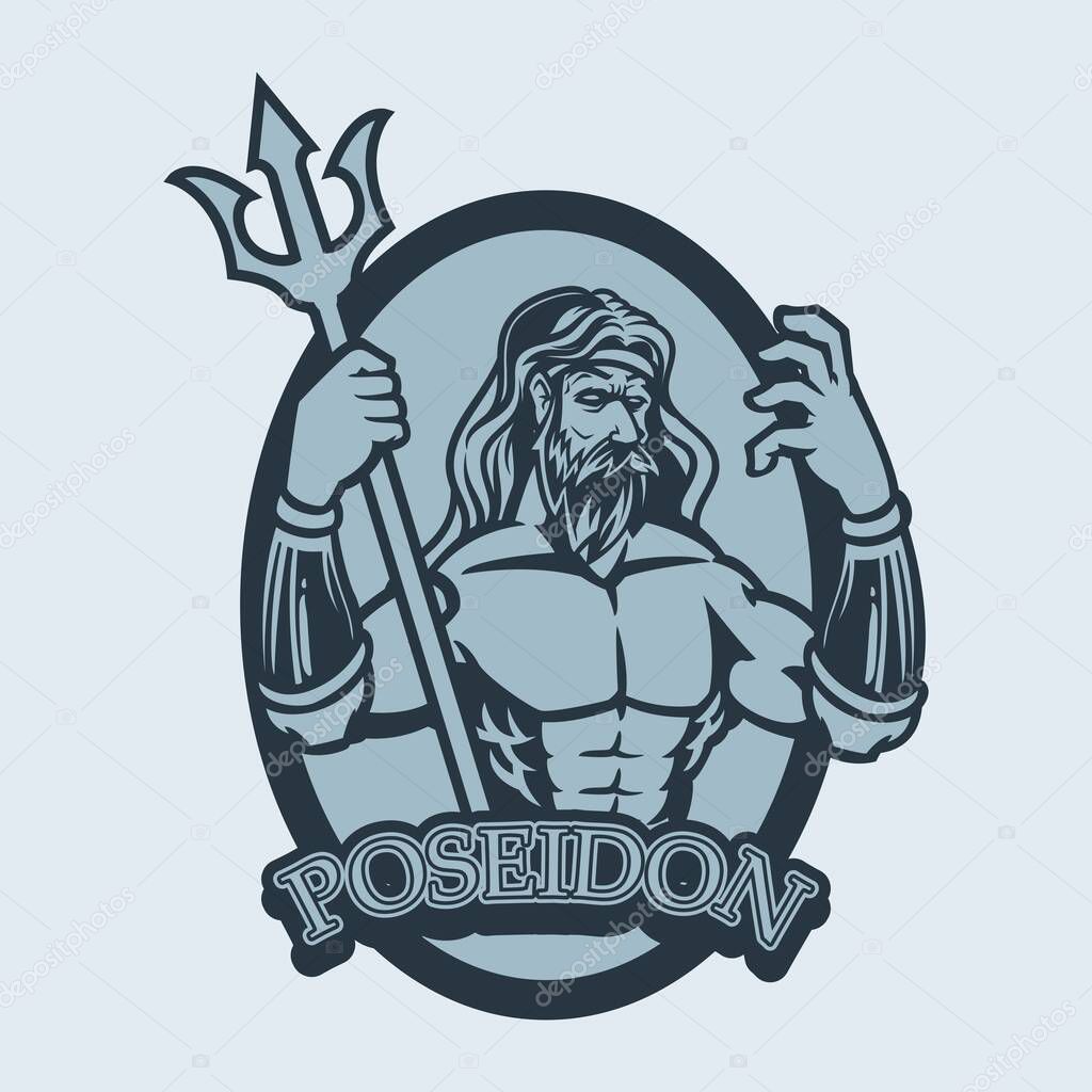 Greek god and goddess vector illustration series on vintage background. Poseidon god of the sea, storms, earthquakes and horses. Was one of the Twelve Olympians in ancient Greek religion and myth