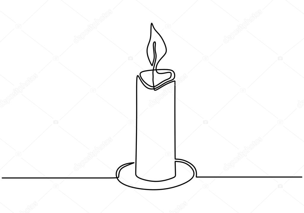 Burning wax candle one continuous line drawing isolated on white background. A candle on chandelier flame and melt. Candlelight concept. Simple line drawing, sketch illustration, design element.