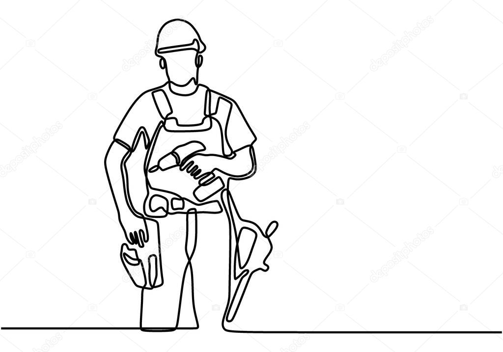 One single line drawing of young handyman wearing helmet while holding drill machine. Handsome handyman using drill machine to drilling wooden wall. Repairman construction maintenance service concept
