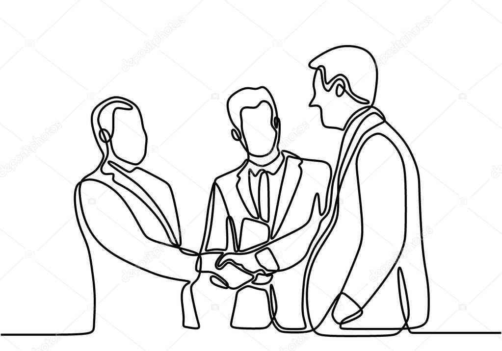 Continuous line drawing of young businessman handshake his partner. Business partners discussing details of work contract. Three persons talking each other. Great teamwork. Vector illustration