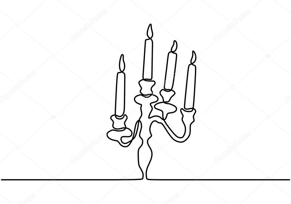 Beautiful candle. Burning candle on classical chandelier. One continuous single line art flat doodle holiday, candle, celebration, religious. Isolated image hand draw contour on a white background