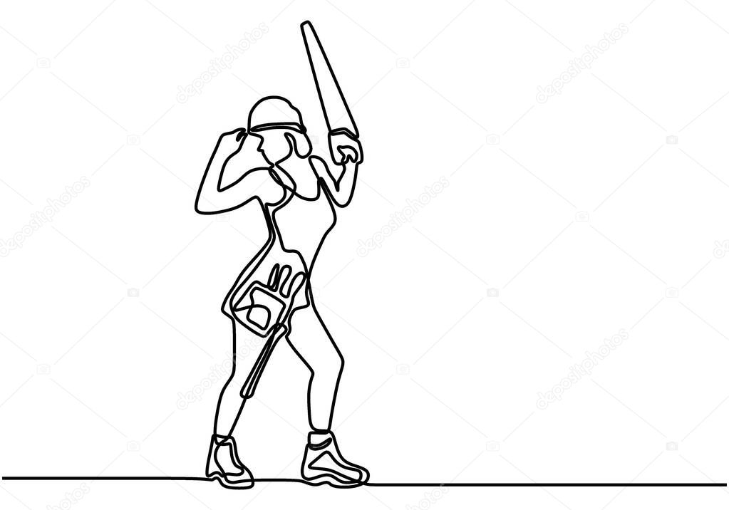 Single continuous line drawing of girl holding manual hand saw. Woman wearing helmet and carrying saw pose like model. Home maintenance service concept. One line draw design vector illustration