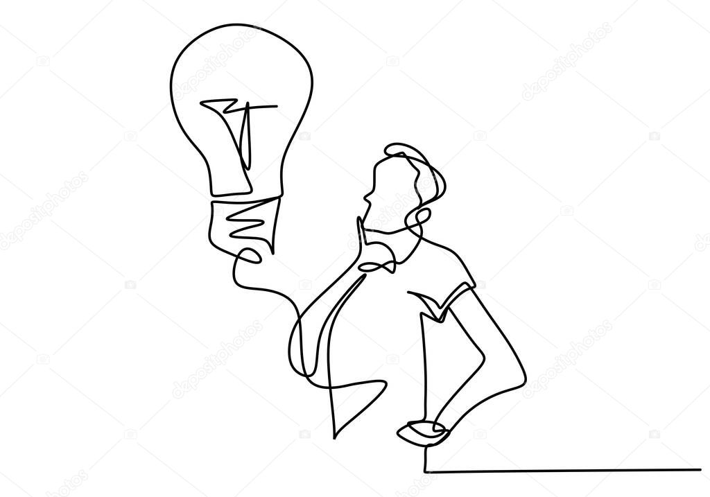 Continuous one line drawing idea and creativity symbol with lamp and hand. The concept of thinking ideas. A person thinking and get an idea one line drawing vector isolated on white background