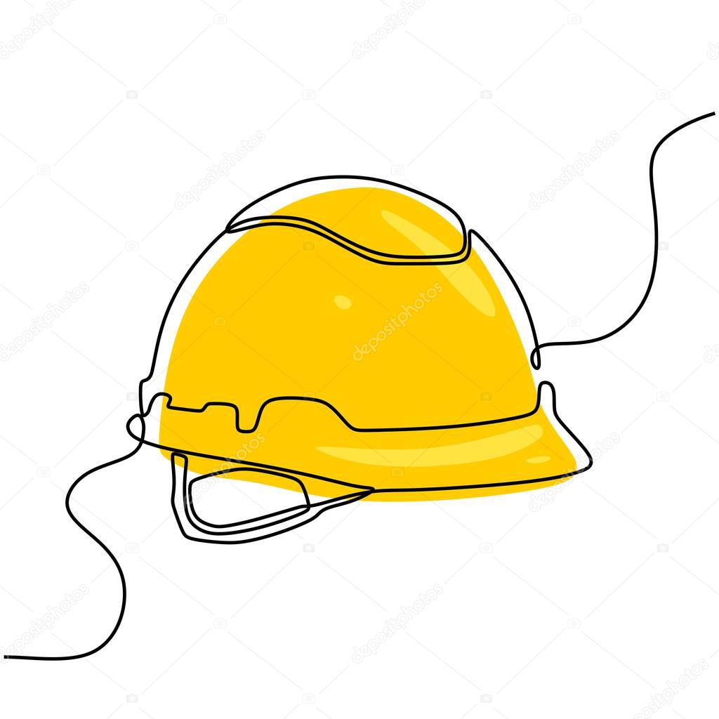 One line drawing of isolated vector object hard hat.Construction helmet. Worker safety tools concept. Builder construction helmet element isolated on white background. Vector design illustration.