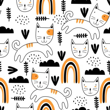 Sevimli kedi yavrularıyla kusursuz bir desen. Komik kedi, gökkuşağı ve gökyüzü çizgi film tarzında. Yaratıcı çocuksu pembe doku. Kumaş ve tekstil için harika. El çizimi İskandinav vektör çizimi