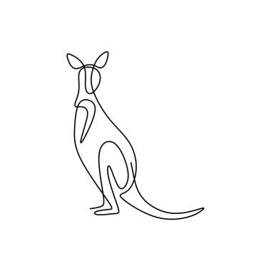Bir çizgi dizaynı kanguru silueti. El çizimi minimalizm tarzı. Ayakta kanguru pozu. Vahşi yaşam kangurusu Avustralya konsepti. Beyaz arkaplanda vektör hayvan çizimi