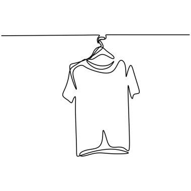 Askıya izole edilmiş bir vektör tişörtü çizimi. Askı konseptine uygun kıyafetler. Beyaz arka planda uygun oda simgesi. Minimalist stil. Aralıksız vektör çizgisi çizimi