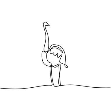 Devekuşunun bir çizgi tasarımı silueti. Hayvan ikonu elementi. Nesli tükenmekte olan hayvan ulusal parkı koruma. Safari hayvanat bahçesi konsepti. El çizimi minimalizm tarzı. Vektör illüstrasyonu