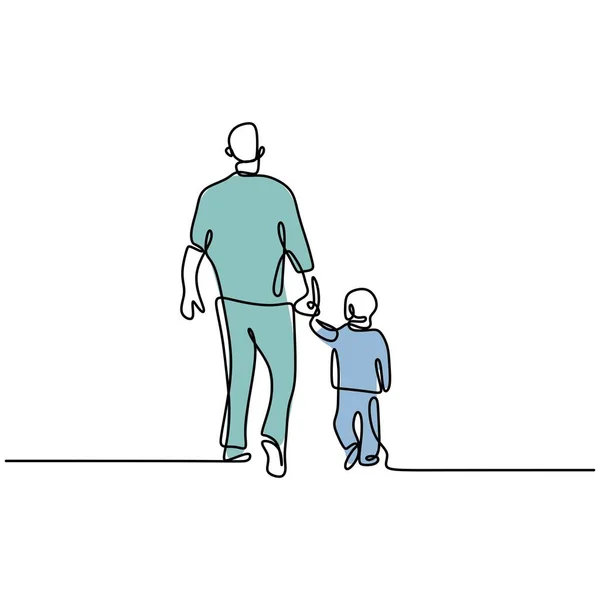 One Line Drawing Continuous Father Son Holding Hands Happy Daddy — Stock Vector