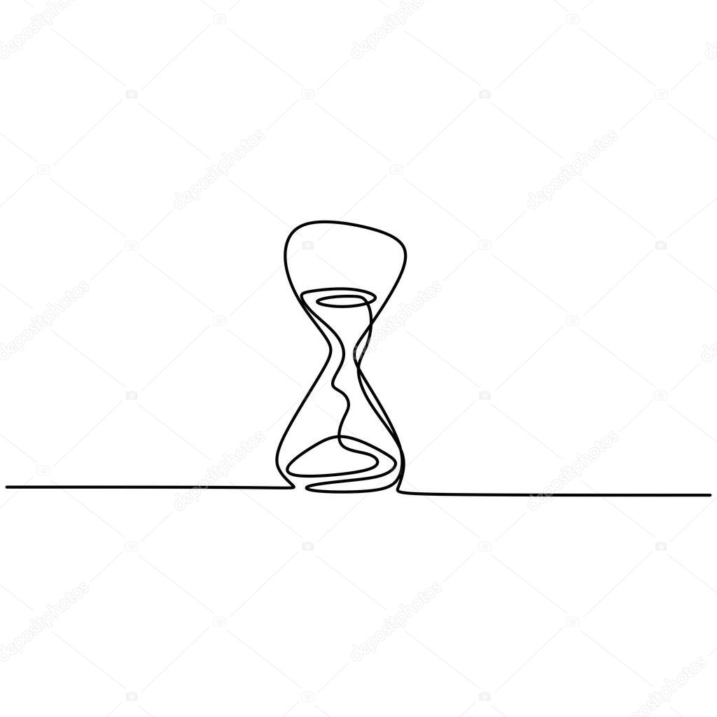 One continuous line drawing of old classic hourglass or sand clock to tell the time. Timepiece concept. Clock sketch minimalism design. Single line draw design vector illustration