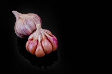 Taze sarımsak ampuller siyah bir zemin üzerine.