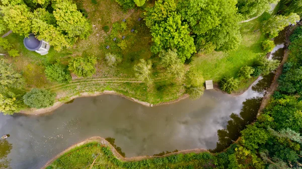 Vista superior de um pequeno lago em uma floresta verde. Vista aérea . — Fotografia de Stock