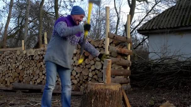 Un homme, un bûcheron avec une hache jaune, coupe du bois pour un feu sur le fond d'un tas de bois de chauffage . — Video