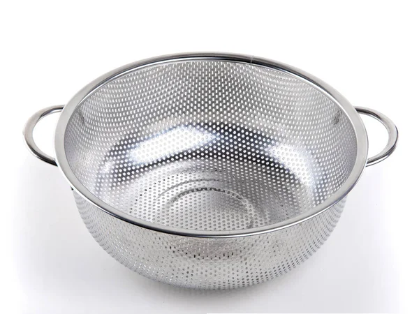 Middle Metal Colander White Isolated Background Kitchen Accessories — Stock Photo, Image