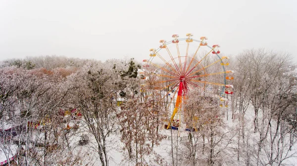 Óriáskerék Központi Parkban Város Télen Légifelvételek — Stock Fotó