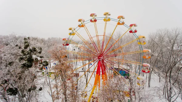 Grande Roue Dans Parc Central Ville Hiver Vue Aérienne — Photo