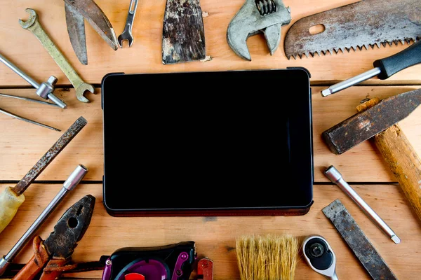 Tablet Old Tools Natural Wooden Background — Stock Photo, Image