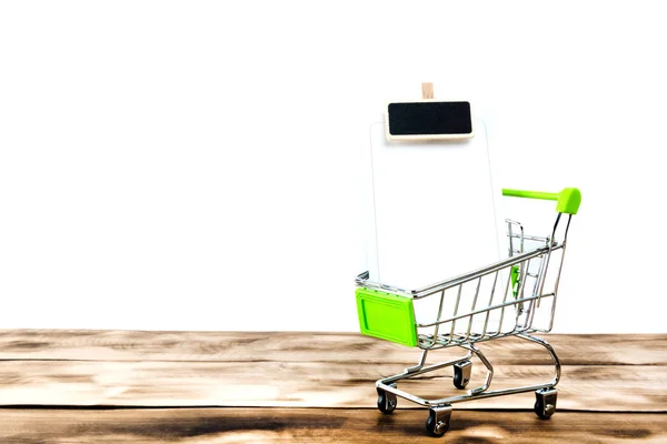 Shopping List Metal Shopping Cart Wooden Background — Stock Photo, Image