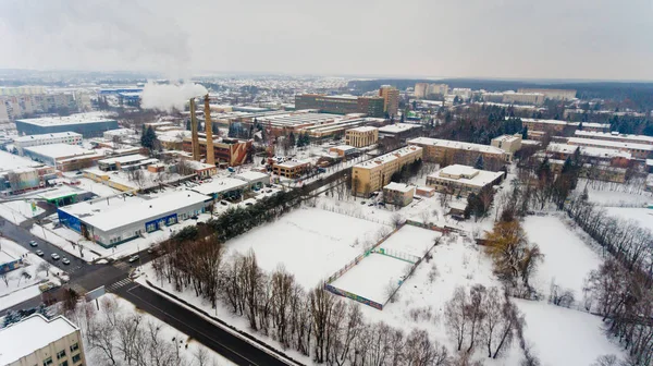 Letecký Pohled Zasněžené Oblasti Města — Stock fotografie