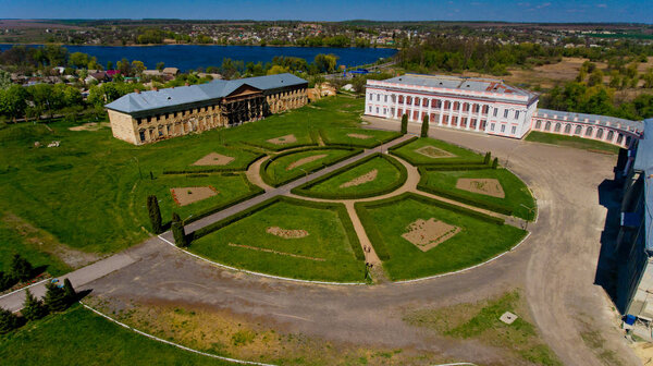 Aerial view of the ancient palace of Polish tycoons Potocki in Tulchin, Ukraine.