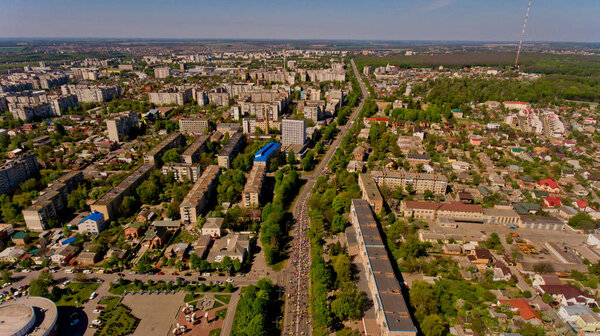 Vinnytsia Ukraine - April 28, 2018: Annual City Run "Vinnytsia Runs". Athletes and amateurs gathered for the annual city run, runs on city street. Aerial view.