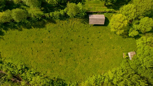 Uma Vista Superior Uma Clareira Verde Com Uma Casa Rústica — Fotografia de Stock