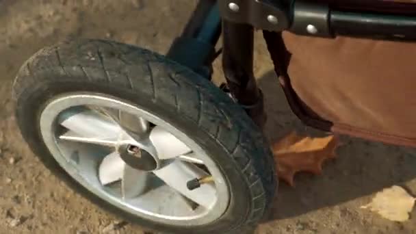 Un primer plano de un cochecito de bebé ruedas en el camino de tierra . — Vídeo de stock