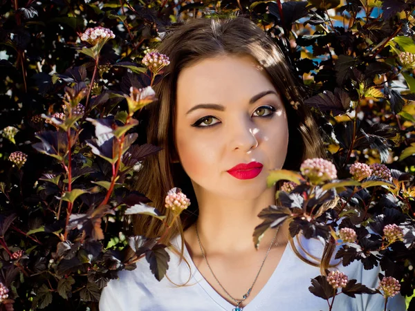 Retrato Una Chica Encantadora Arbustos Florecientes Primer Plano — Foto de Stock