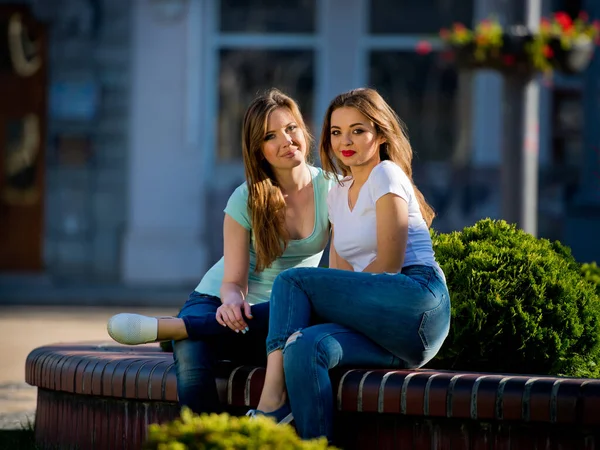 Twee Meisjes Vriendinnen Zitten Het Park Het Stadspark Kletsen — Stockfoto