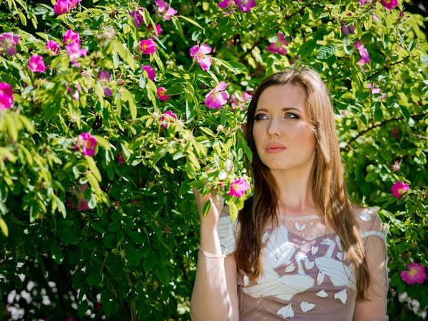 Retrato Una Hermosa Chica Morena Cerca Arbustos Verdes Flor — Foto de Stock