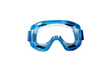 Doktorlar için mavi güvenlik gözlükleri, beyaz arka planda izole edilmiş..