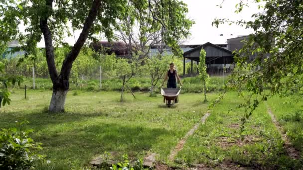 Una chica granjera con carro de jardín vacío en su jardín . — Vídeos de Stock