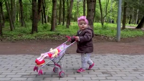 Bebek kız bebek oyuncağıyla bahar parkında yürüyor.. — Stok video